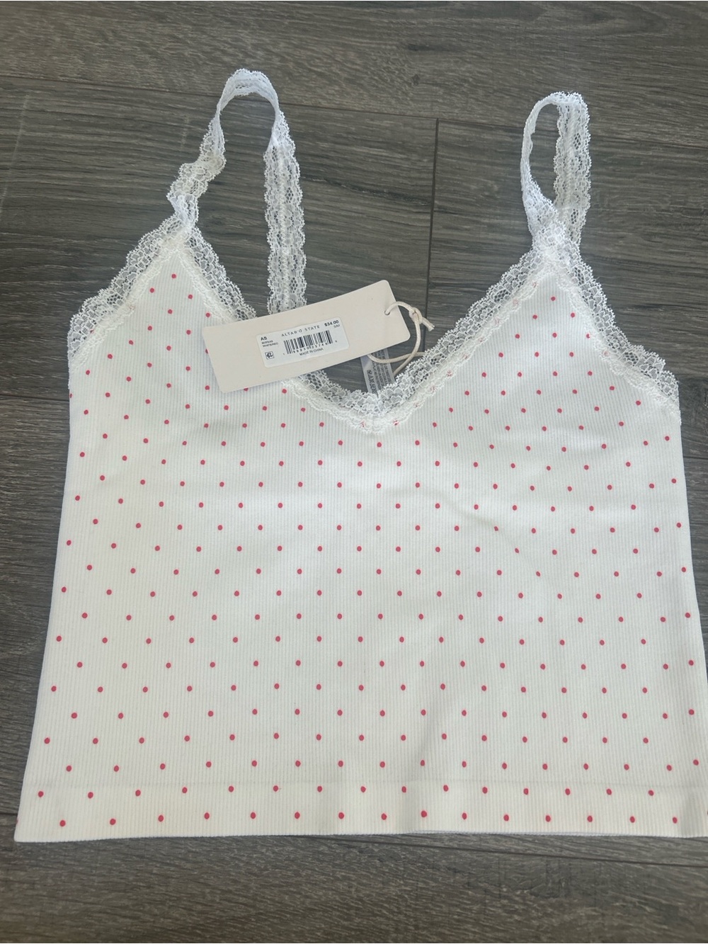 Altar'd State White Ribbed Cami with Pink Polka Dots and Lace Trim